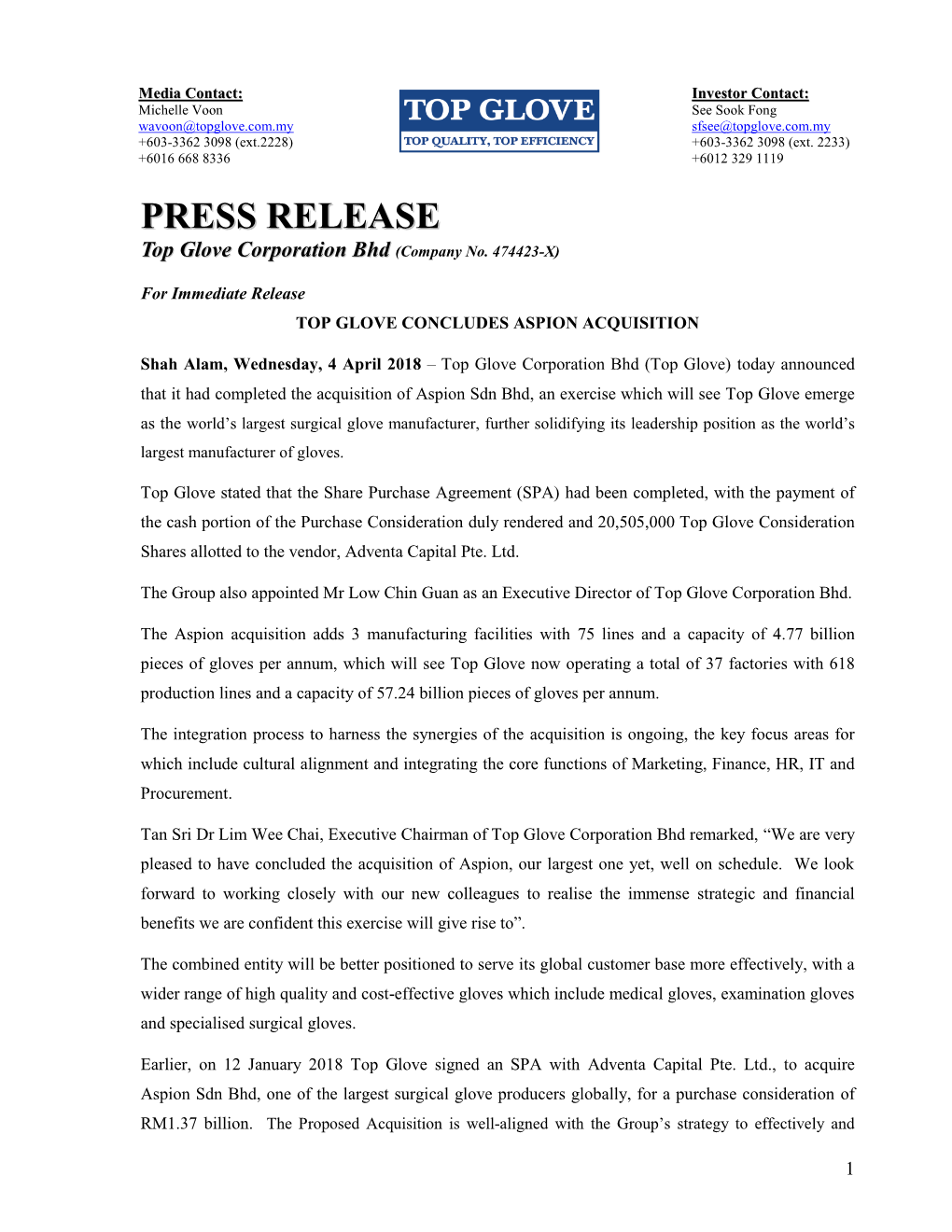 PRESS RELEASE Top Glove Corporation Bhd (Company No