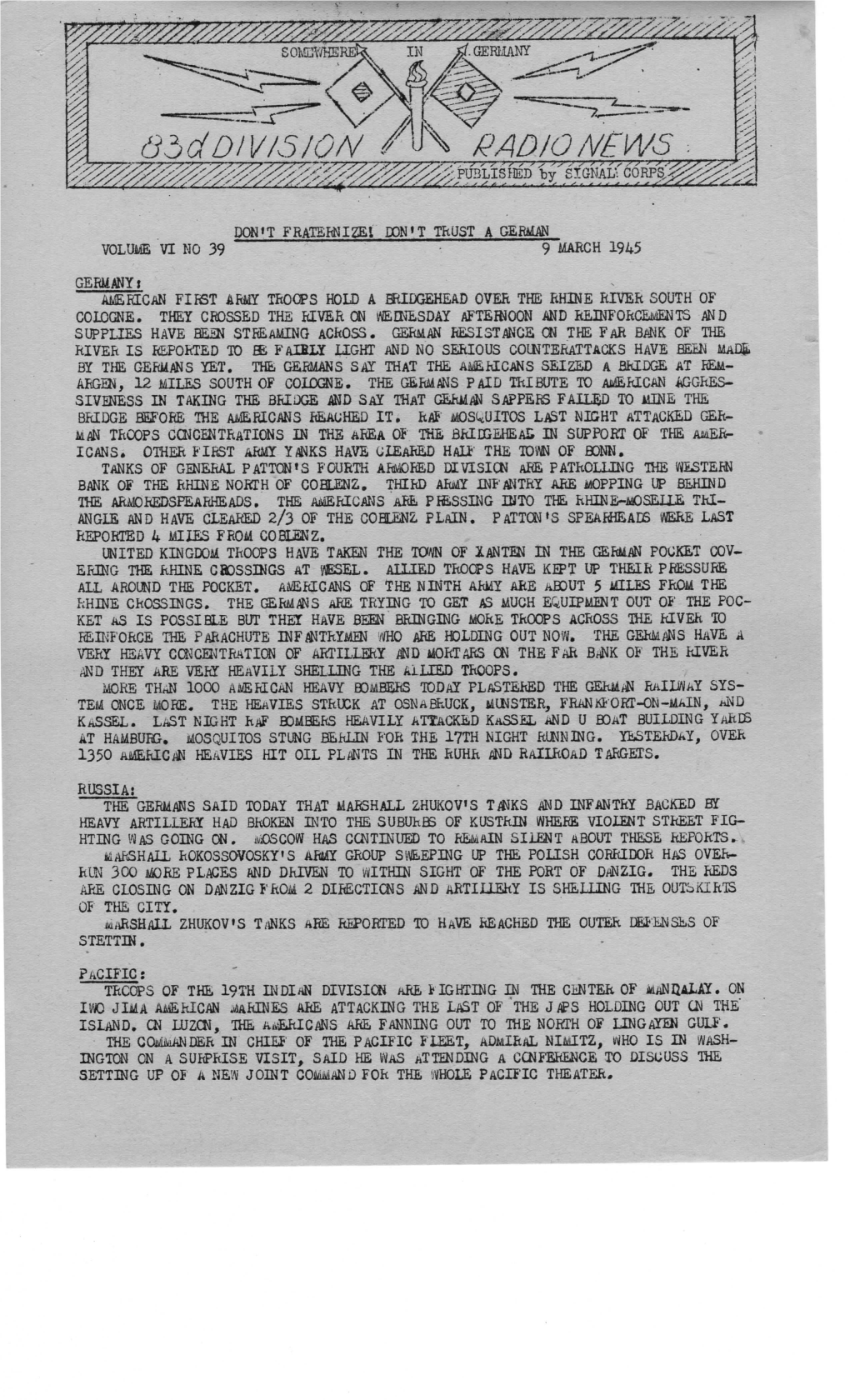 83Rd Division Radio News, Germany, Vol IV #39, March 9, 1945, One Page