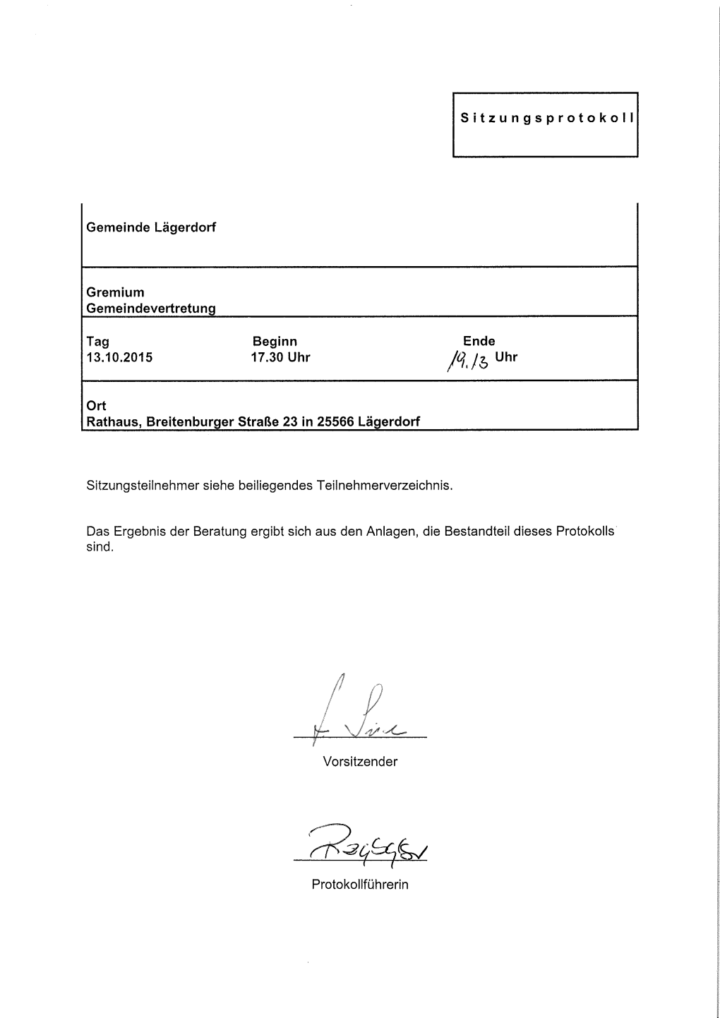 Sitzungsprotokoll Gemeinde Lägerdorf Gremium