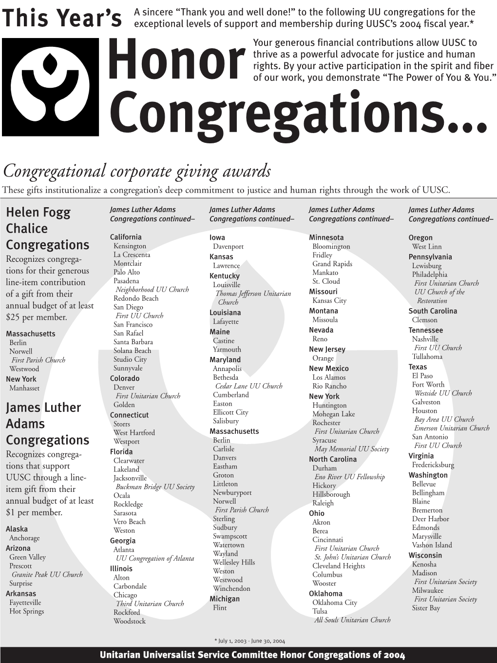 Congregations... Honor