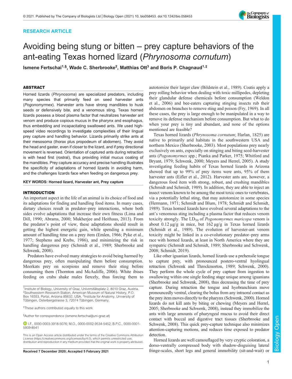 Prey Capture Behaviors of the Ant-Eating Texas Horned Lizard (Phrynosoma Cornutum) Ismene Fertschai1,§, Wade C