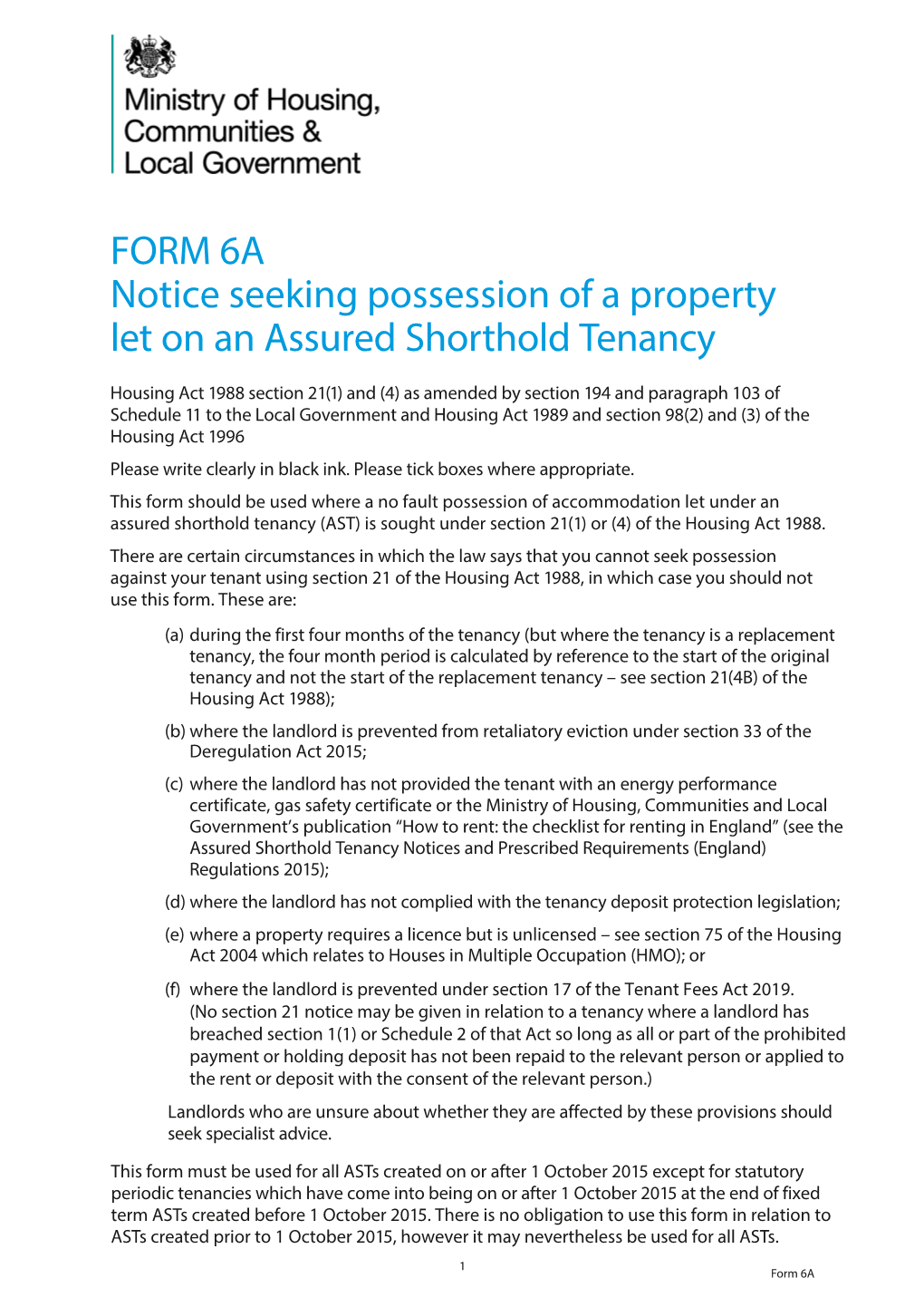 FORM 6A Notice Seeking Possession of a Property Let on an Assured Shorthold Tenancy
