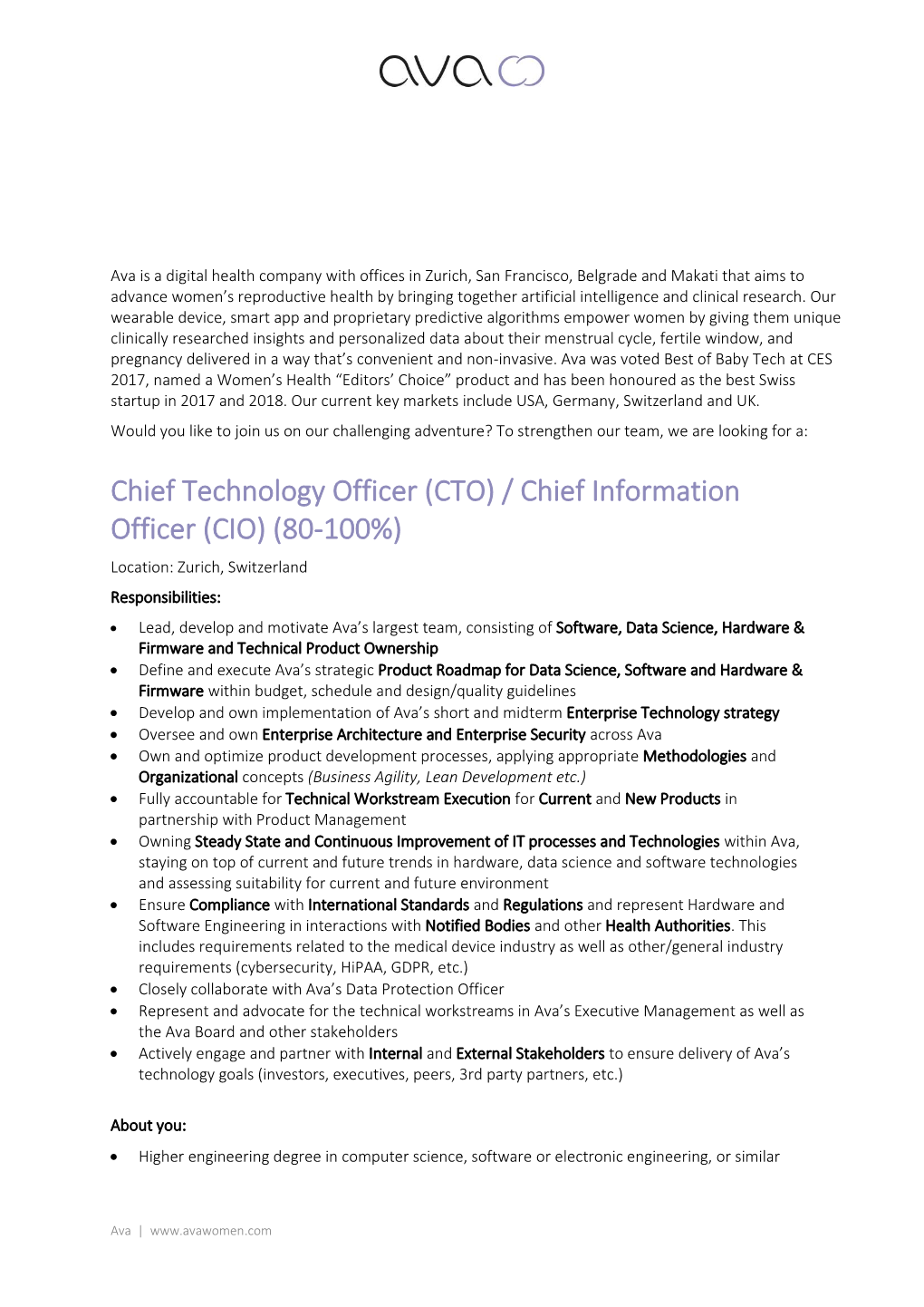 Chief Technology Officer (CTO) / Chief Information Officer (CIO) (80-100%)