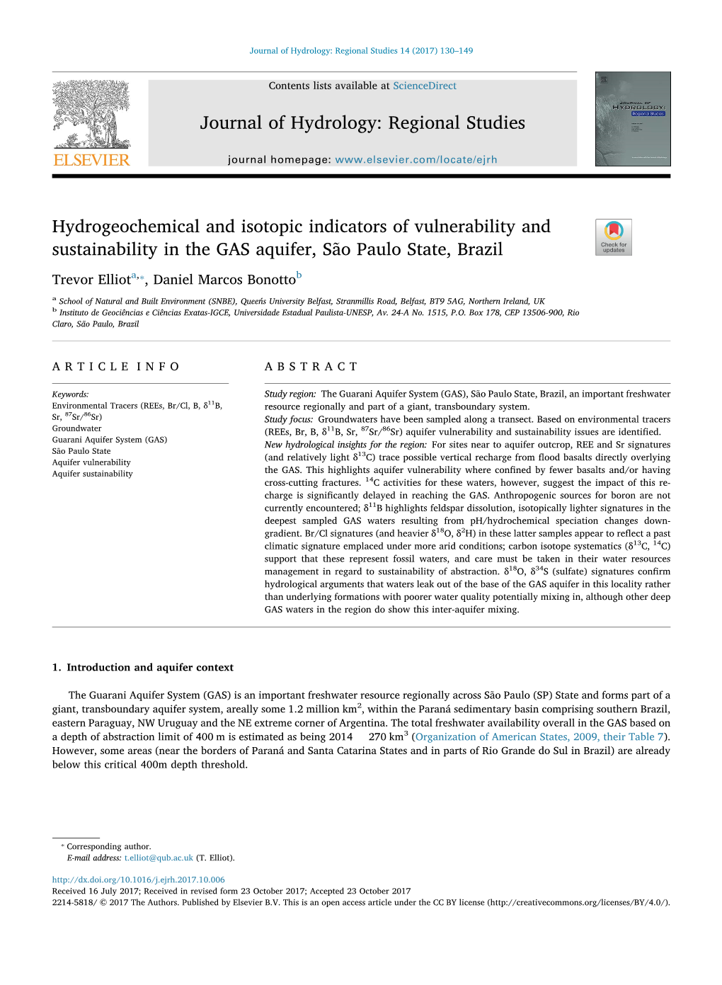 Hydrogeochemical and Isotopic Indicators of Vulnerability and Sustainability in the GAS Aquifer, São Paulo State, Brazil T