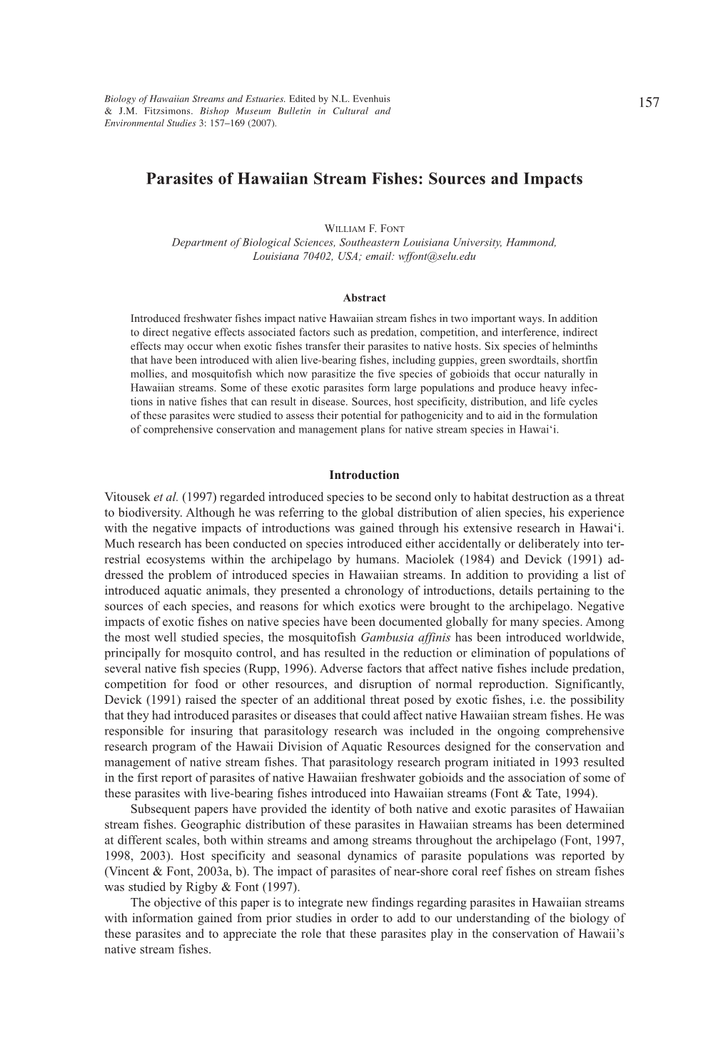 Parasites of Hawaiian Stream Fishes: Sources and Impacts