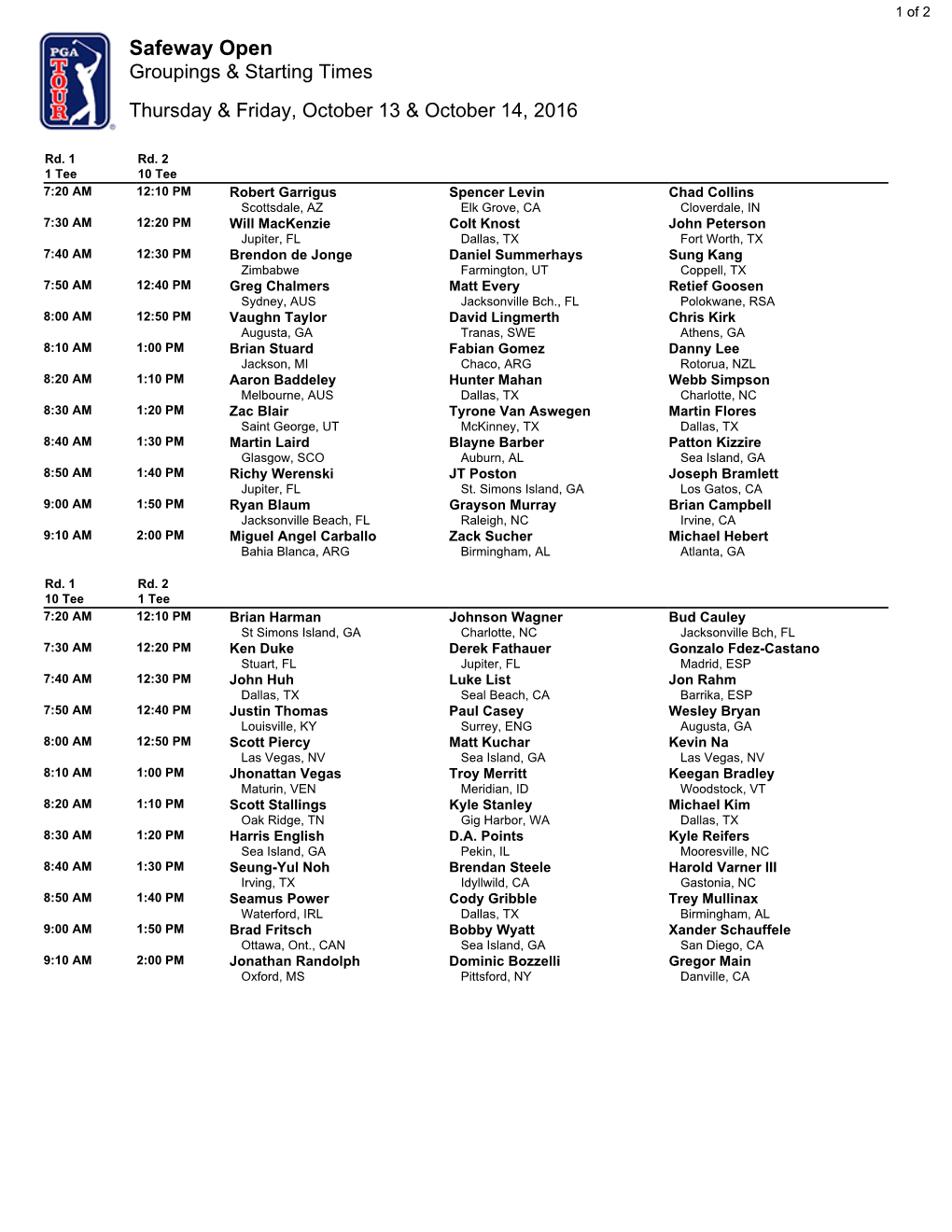 Safeway Open Groupings & Starting Times Thursday & Friday, October 13 & October 14, 2016