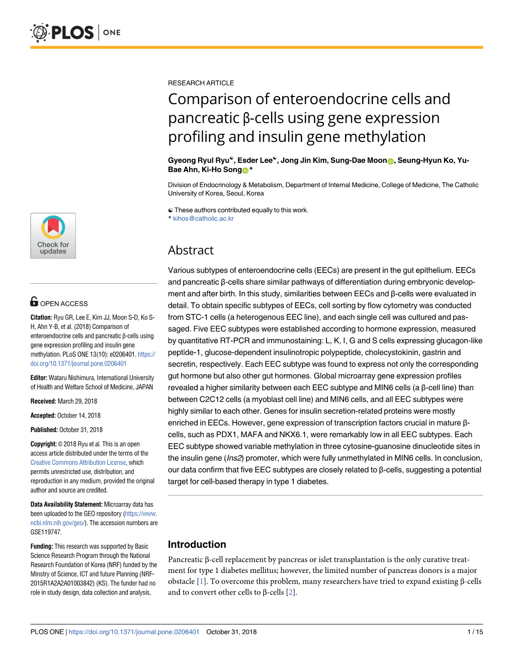 Cells Using Gene Expression Profiling and Insulin Gene Methylation