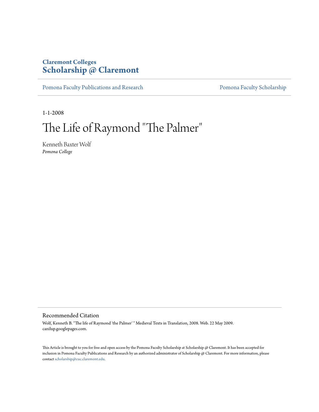 The Life of Raymond "The Palmer" (By Rufino, Early Thirteenth Century)