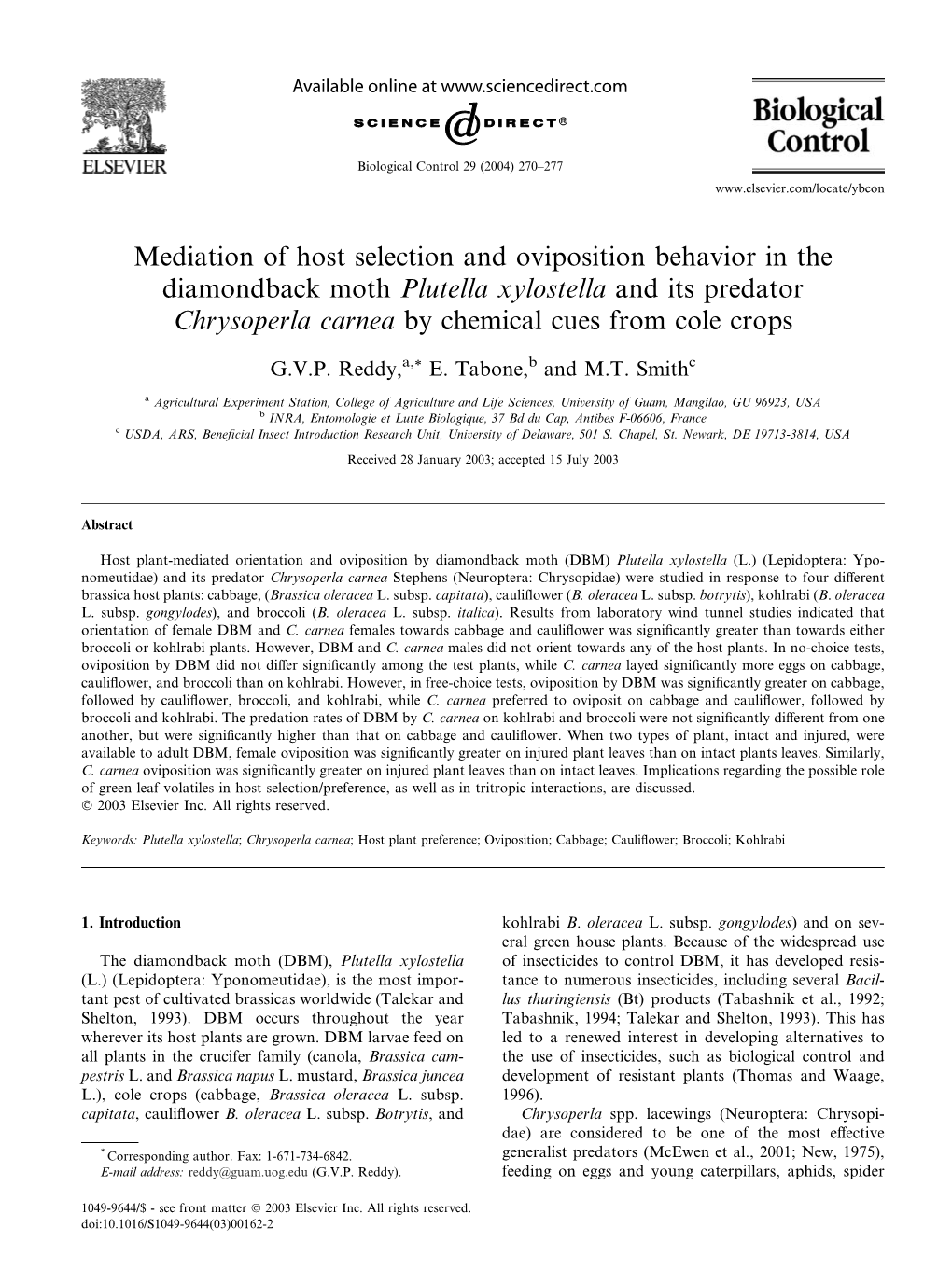 Chrysoperla Carnea by Chemical Cues from Cole Crops