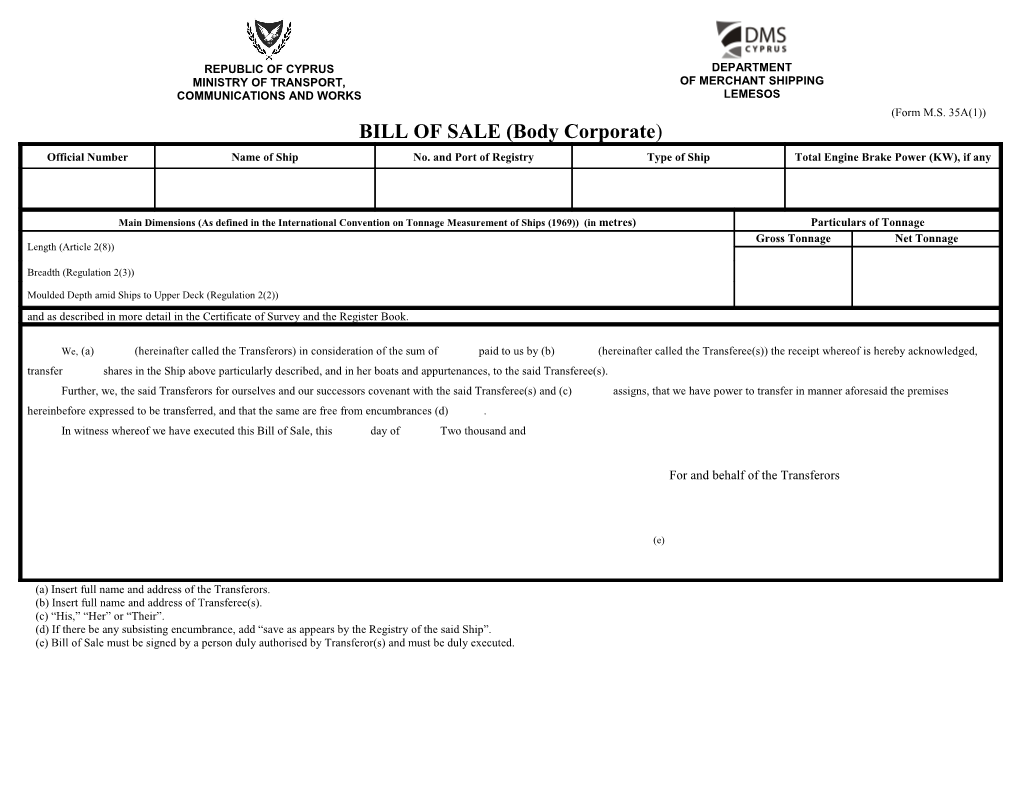 BILL of SALE (Individuals Or Joint Owners)