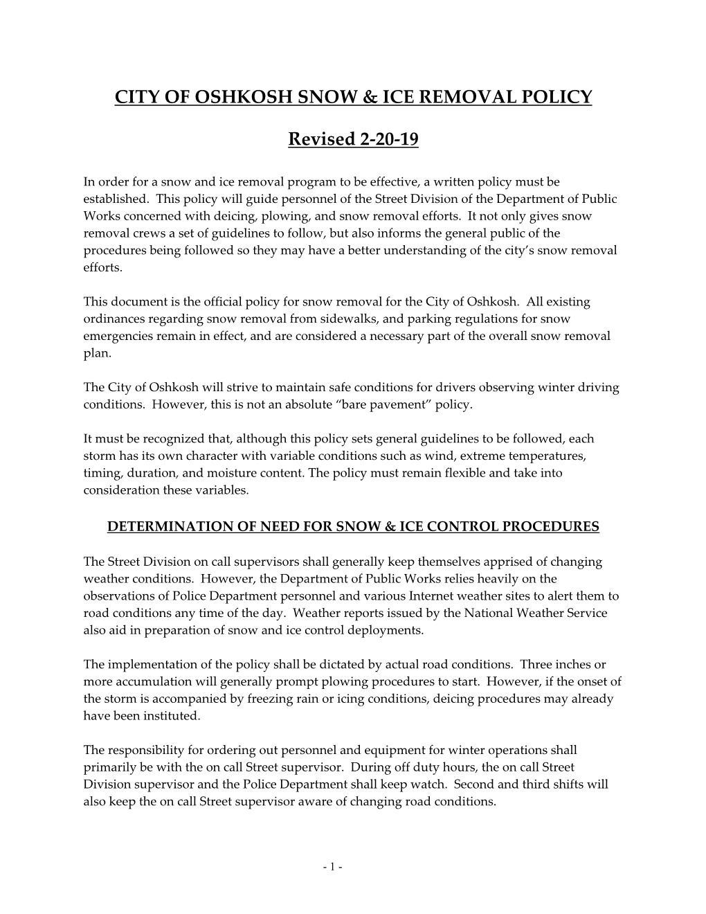 CITY of OSHKOSH SNOW & ICE REMOVAL POLICY Revised 2-20-19