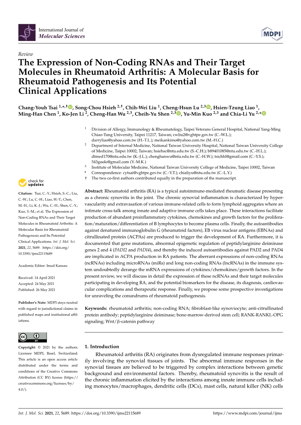 The Expression of Non-Coding Rnas and Their Target Molecules in Rheumatoid Arthritis