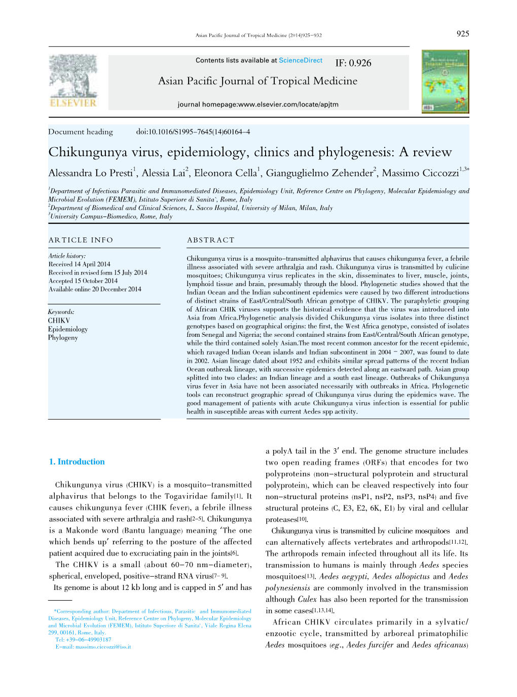 Chikungunya Virus, Epidemiology, Clinics and Phylogenesis: a Review