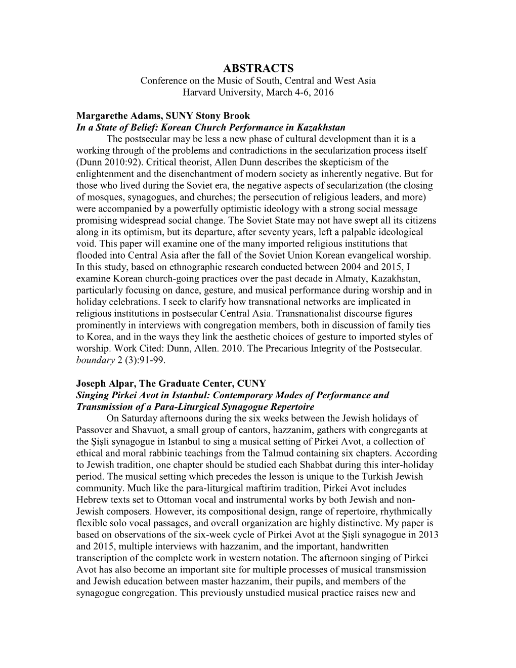 ABSTRACTS Conference on the Music of South, Central and West Asia Harvard University, March 4-6, 2016