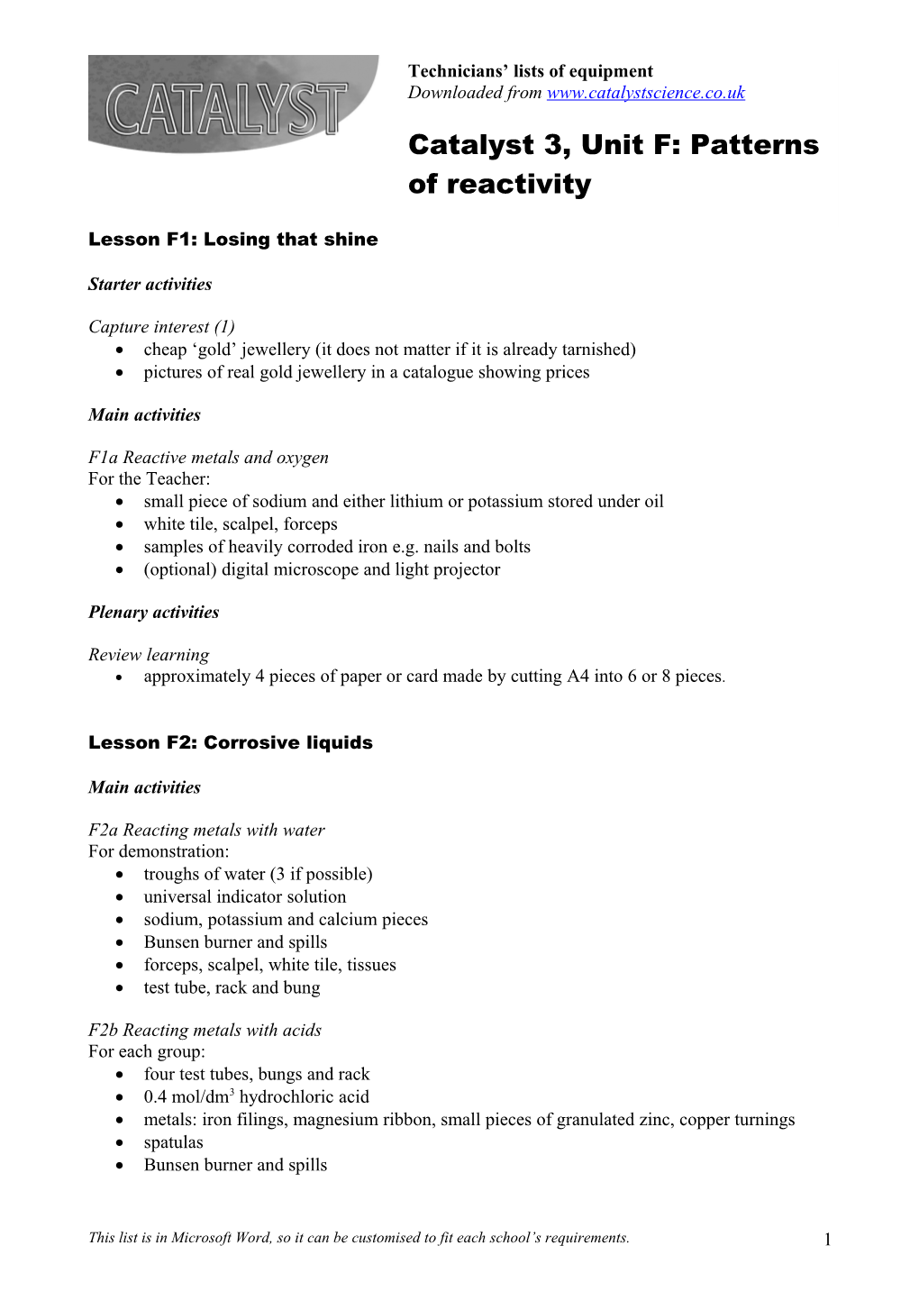 Unit F: Patterns of Reactivity