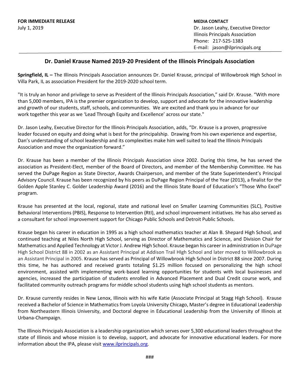 Dr. Daniel Krause Named 2019-20 President of the Illinois Principals Association