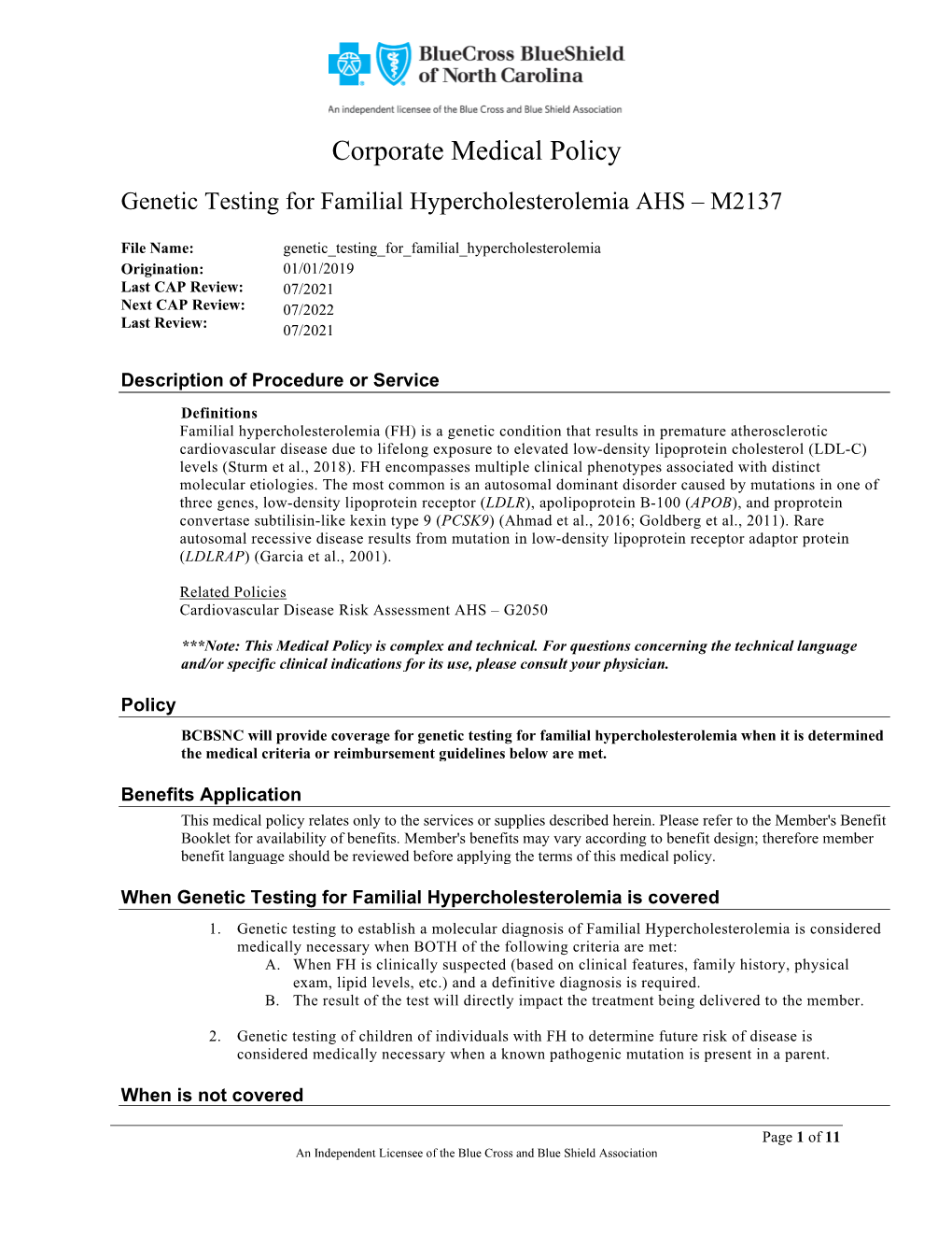 Genetic Testing for Familial Hypercholesterolemia AHS – M2137