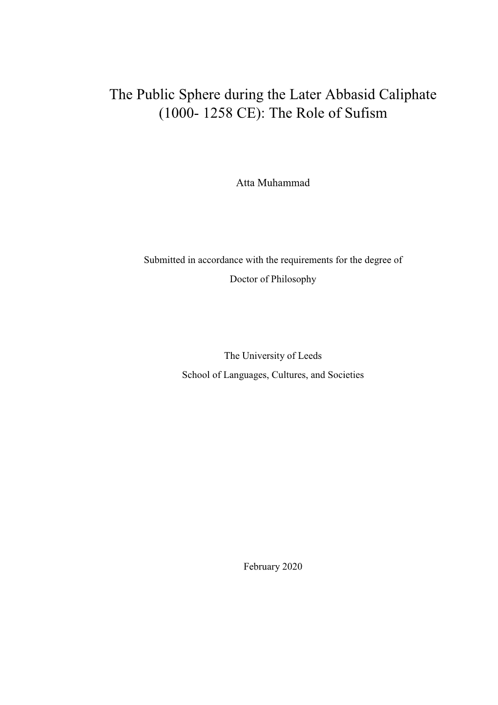 The Public Sphere During the Later Abbasid Caliphate (1000- 1258 CE): the Role of Sufism