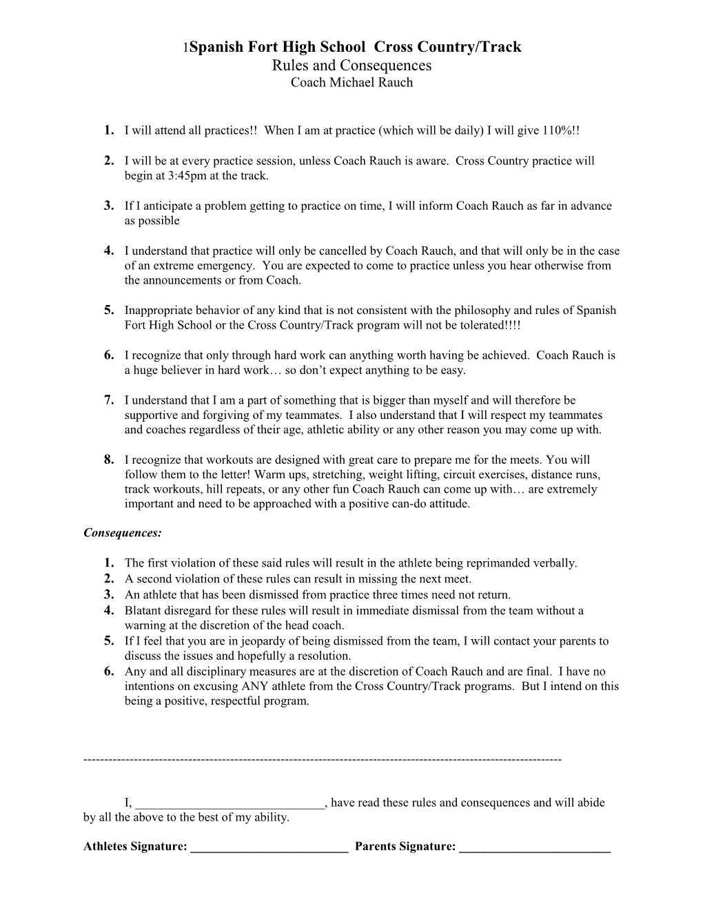 Mcgill-Toolen Track and Field Rules and Consequences