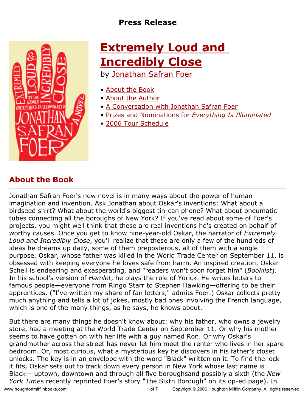 Press Release for Extremely Loud and Incredibly Close Published By