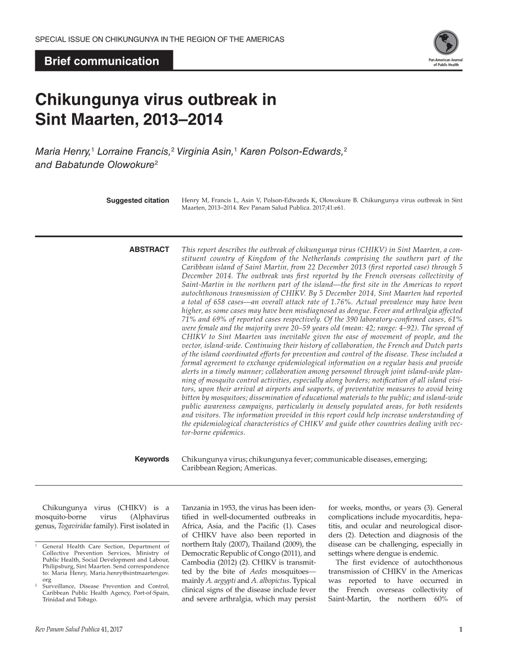 Chikungunya Virus Outbreak in Sint Maarten, 2013–2014