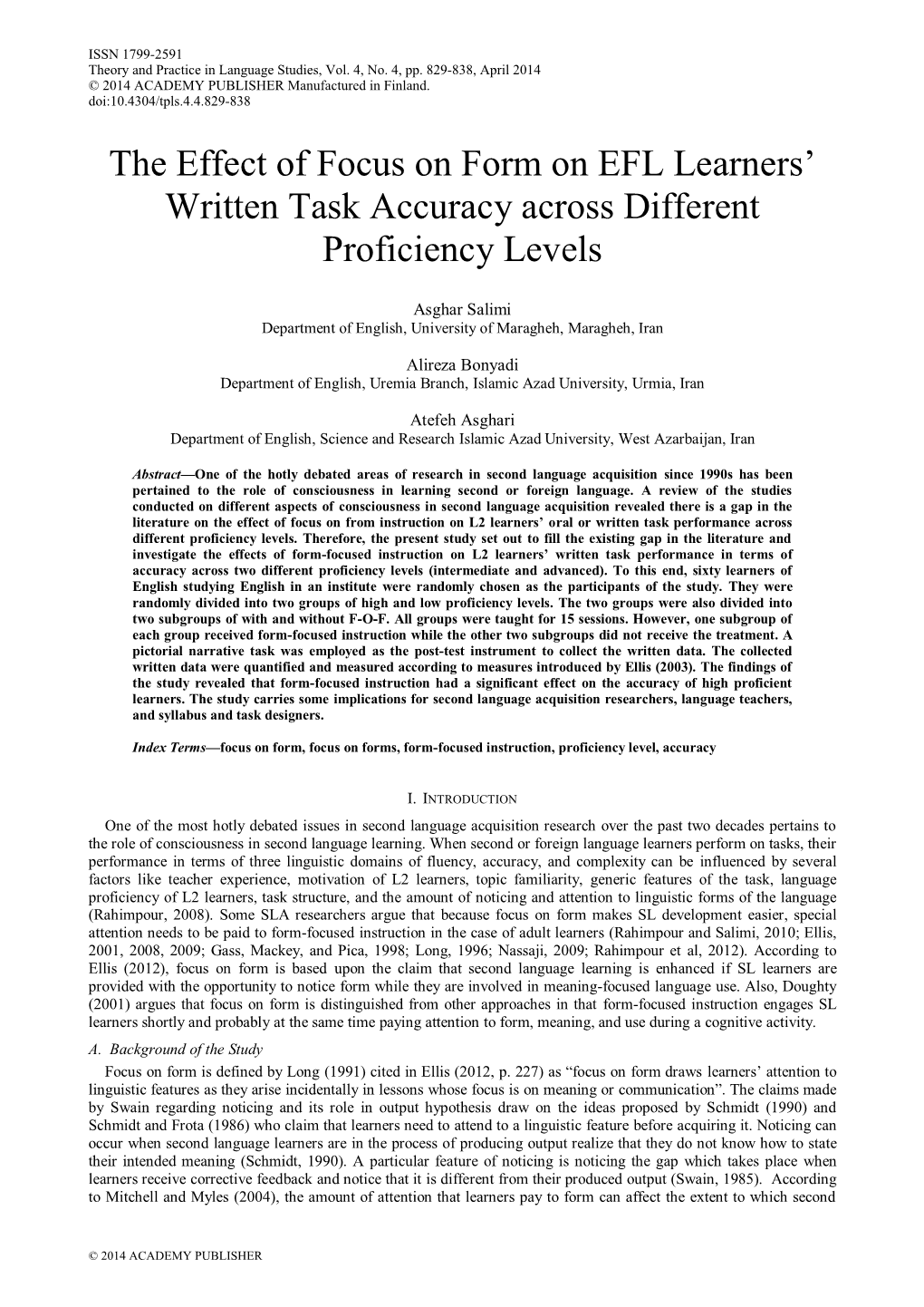 The Effect of Focus on Form on EFL Learners‟ Written Task Accuracy Across Different Proficiency Levels