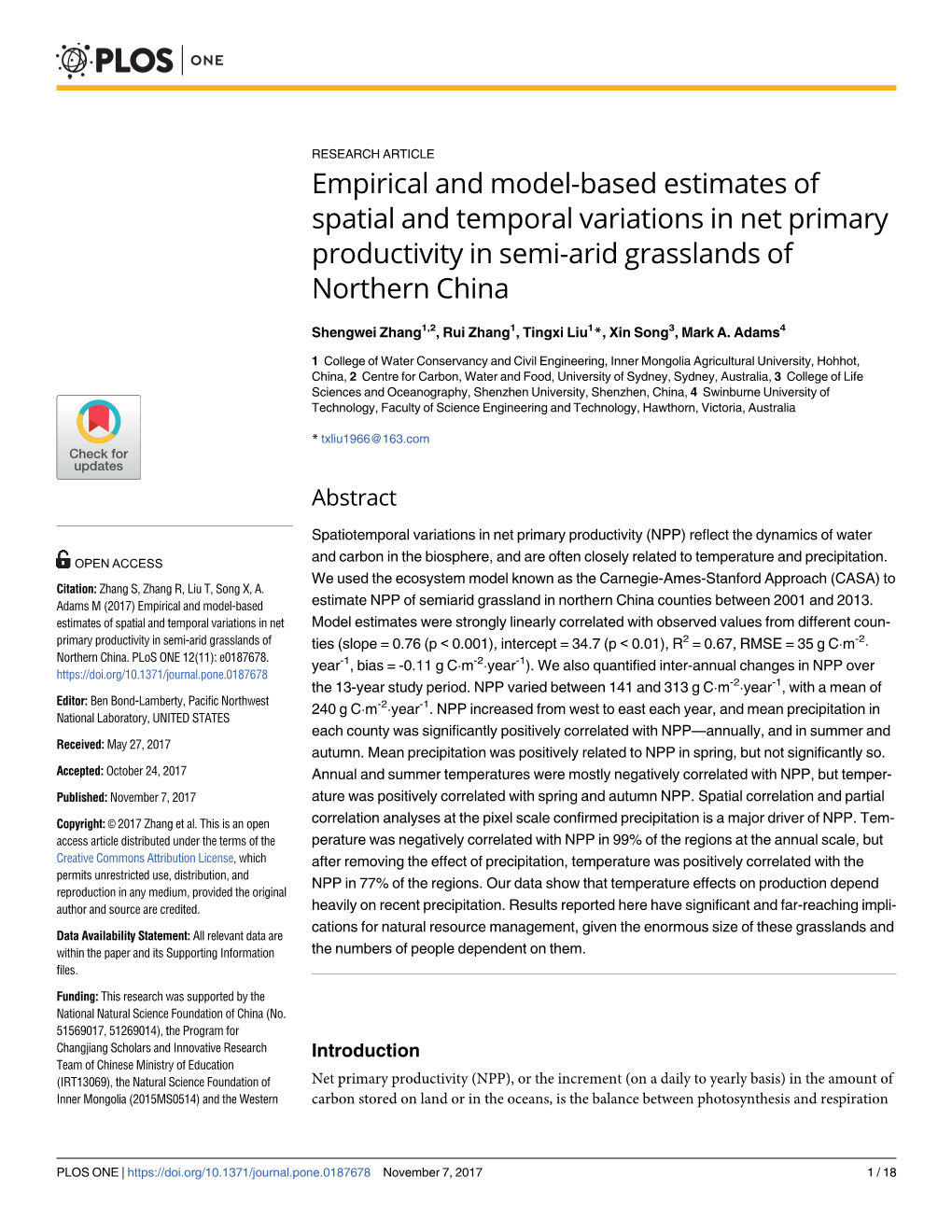 Empirical and Model-Based Estimates of Spatial and Temporal Variations in Net Primary Productivity in Semi-Arid Grasslands of Northern China