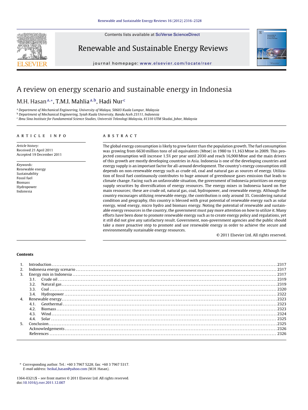 A Review on Energy Scenario and Sustainable Energy in Indonesia