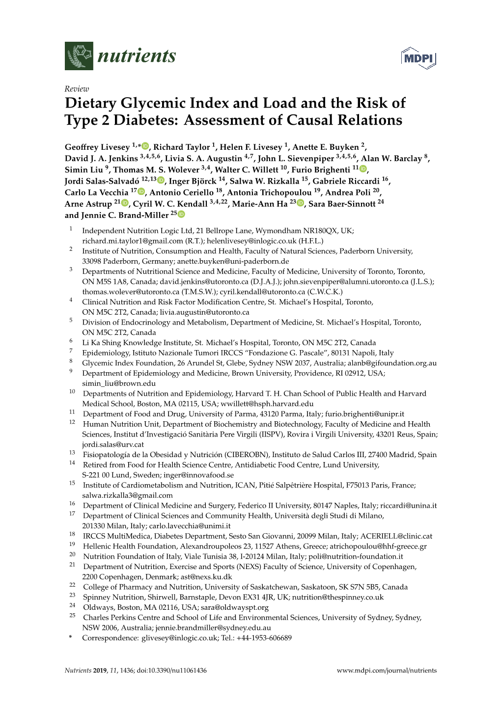 Dietary Glycemic Index and Load and the Risk of Type 2 Diabetes: Assessment of Causal Relations