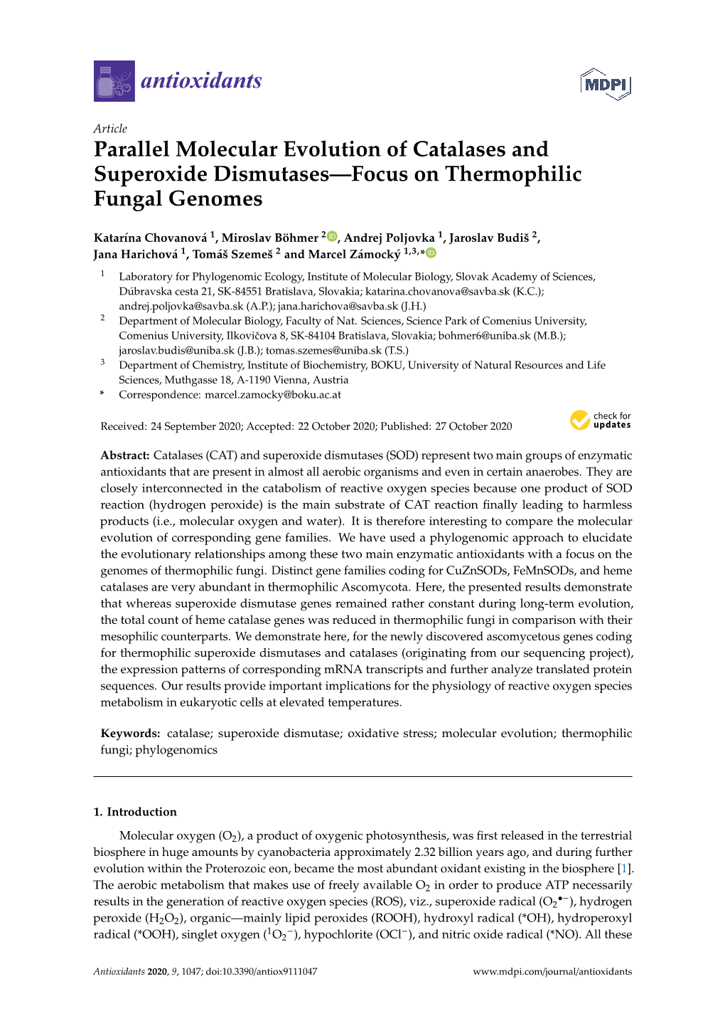 Parallel Molecular Evolution of Catalases and Superoxide Dismutases—Focus on Thermophilic Fungal Genomes