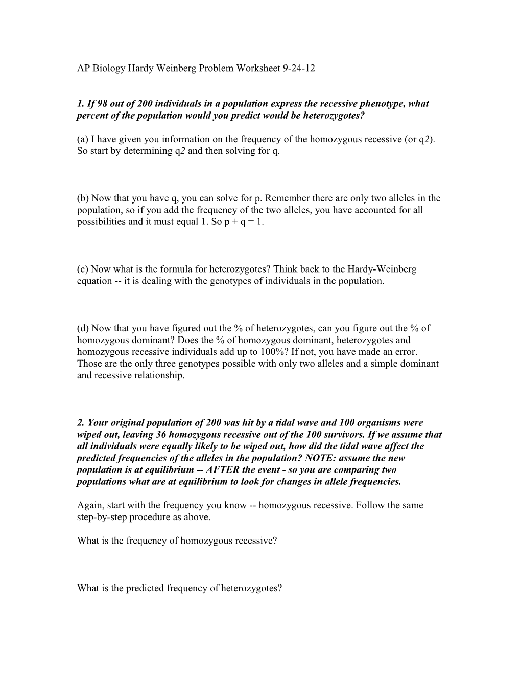 AP Biology Hardy Weinberg Problem Worksheet 2-9-05