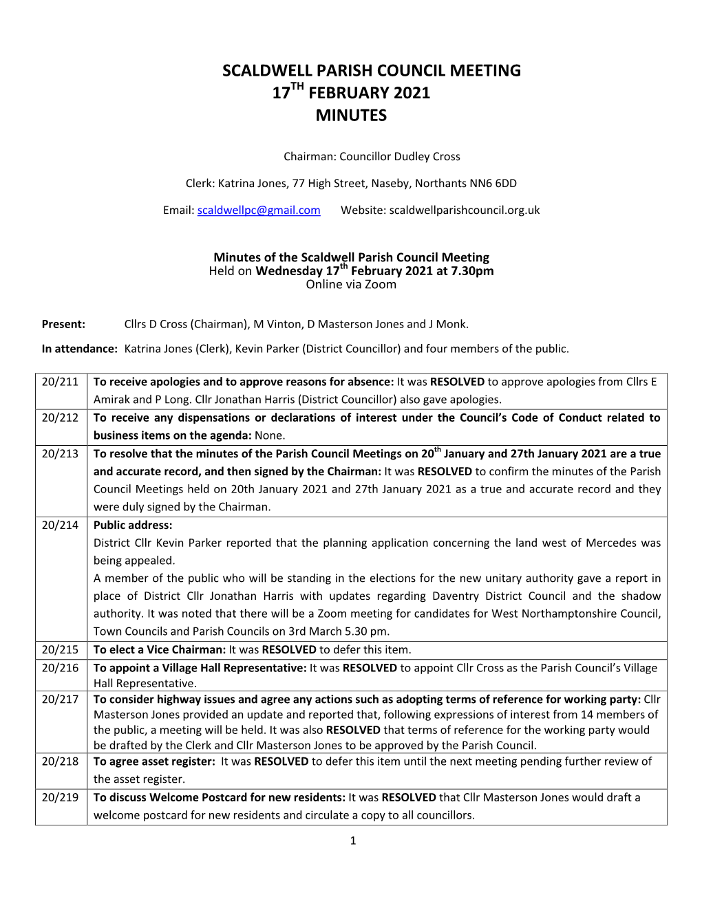 Scaldwell Parish Council Meeting 17 February 2021