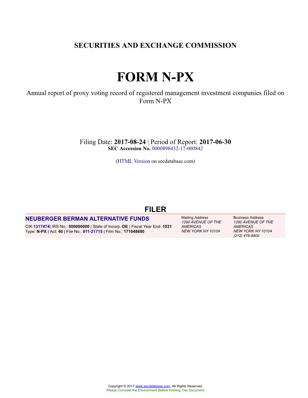 NEUBERGER BERMAN ALTERNATIVE FUNDS Form N-PX