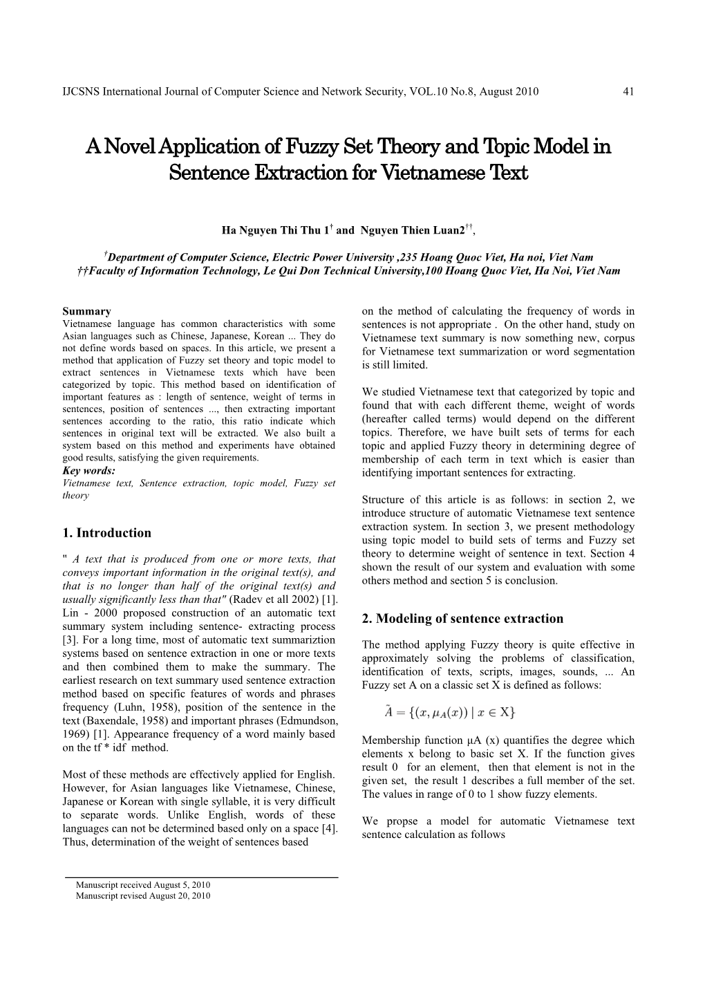 A Novel Application of Fuzzy Set Theory and Topic Model in Sentence Extraction for Vietnamese Text