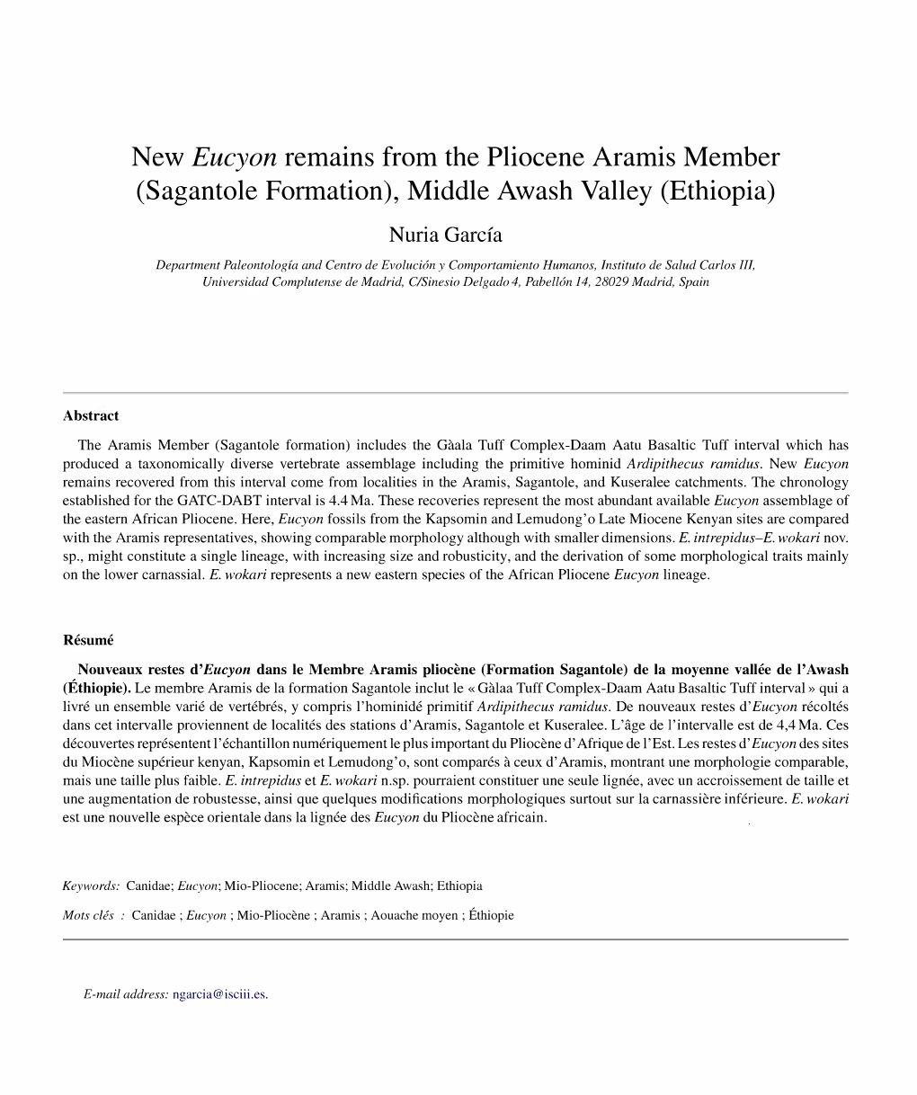 New Eucyon Remains from the Pliocene Aramis Member (Sagantole Formation), Middle Awash Valley (Ethiopia)