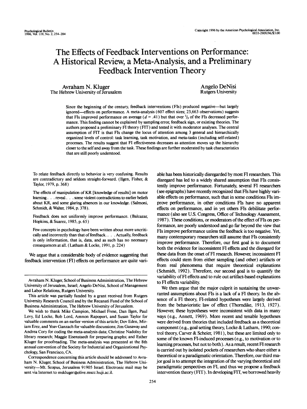 The Effects of Feedback Interventions on Performance: a Historical Review, a Meta-Analysis, and a Preliminary Feedback Intervention Theory