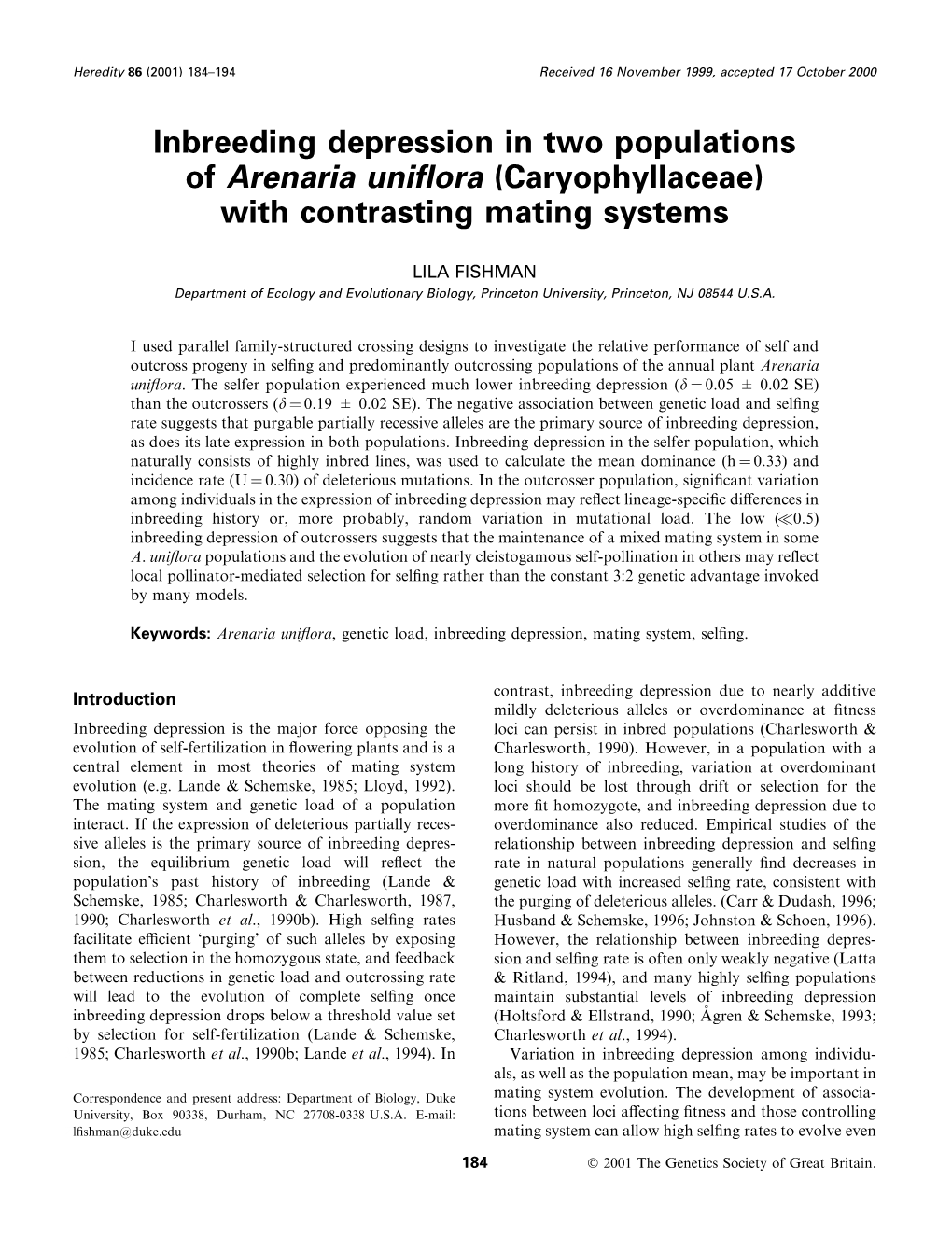 Inbreeding Depression in Two Populations of Arenaria Uni¯Ora (Caryophyllaceae) with Contrasting Mating Systems