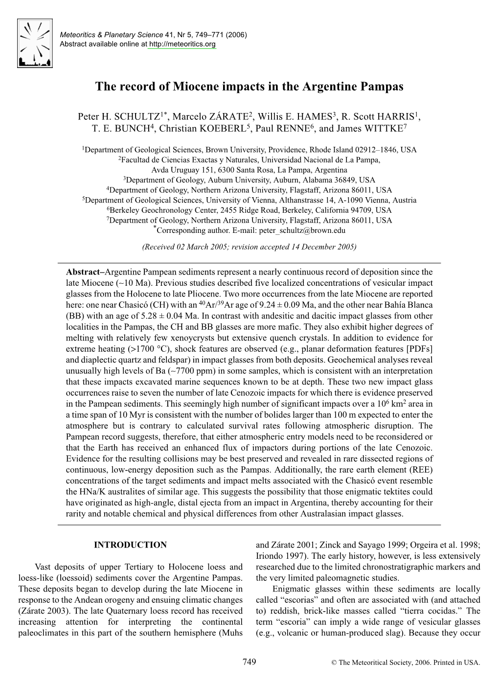 The Record of Miocene Impacts in the Argentine Pampas