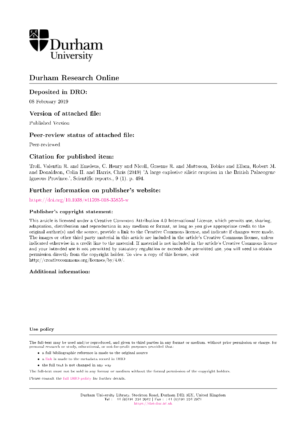 A Large Explosive Silicic Eruption in the British Palaeogene Igneous Province.', ScientiC Reports., 9 (1)