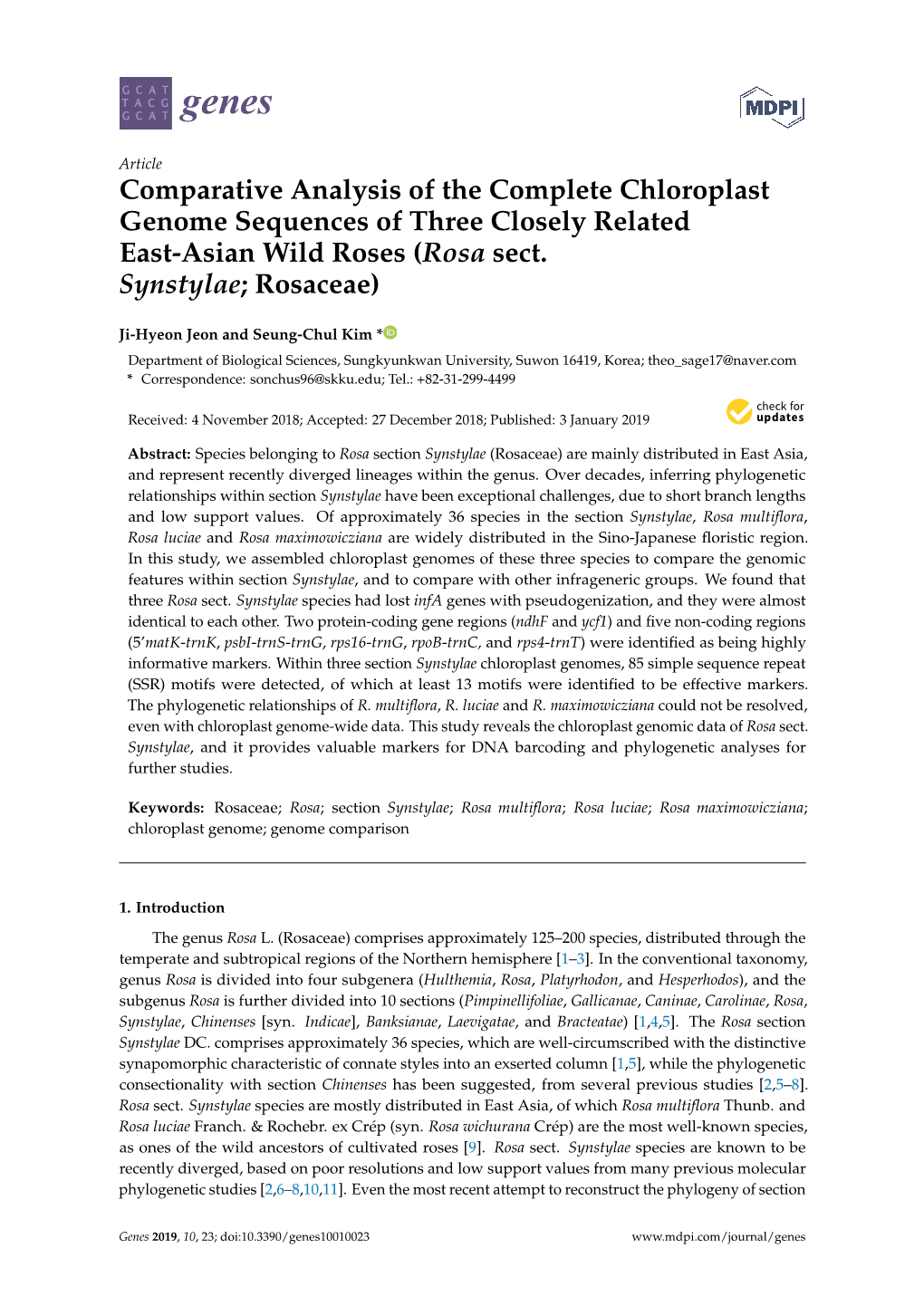 Comparative Analysis of the Complete Chloroplast Genome Sequences of Three Closely Related East-Asian Wild Roses (Rosa Sect