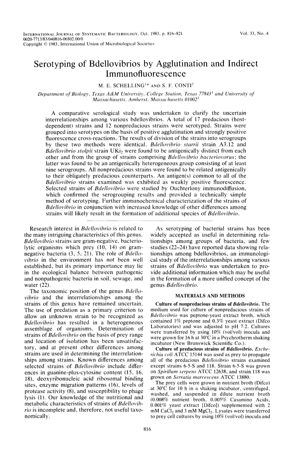 Serotyping of Bdellovibrios by Agglutination and Indirect Immunofluorescence