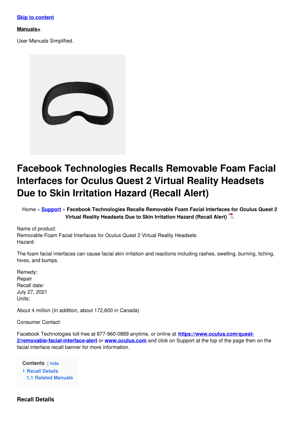 Facebook Technologies Recalls Removable Foam Facial Interfaces for Oculus Quest 2 Virtual Reality Headsets Due to Skin Irritation Hazard (Recall Alert)