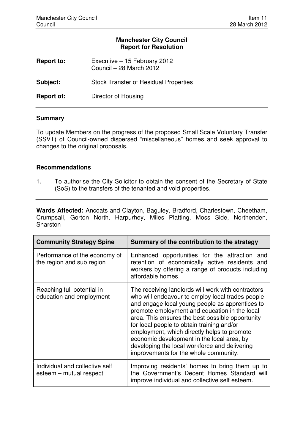 Stock Transfer of Residual Properties Report to Council 28 March 2012