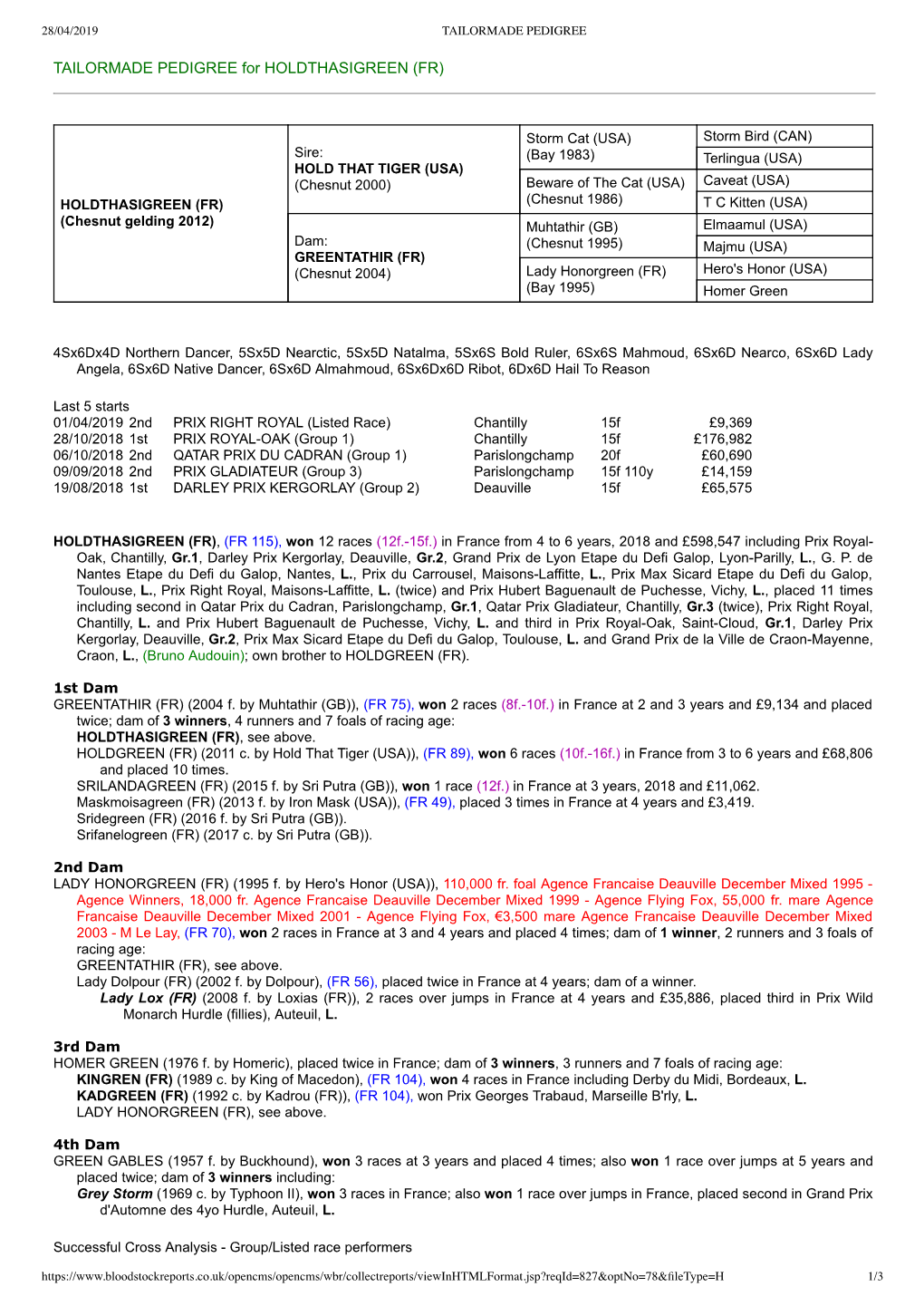 TAILORMADE PEDIGREE for HOLDTHASIGREEN (FR)