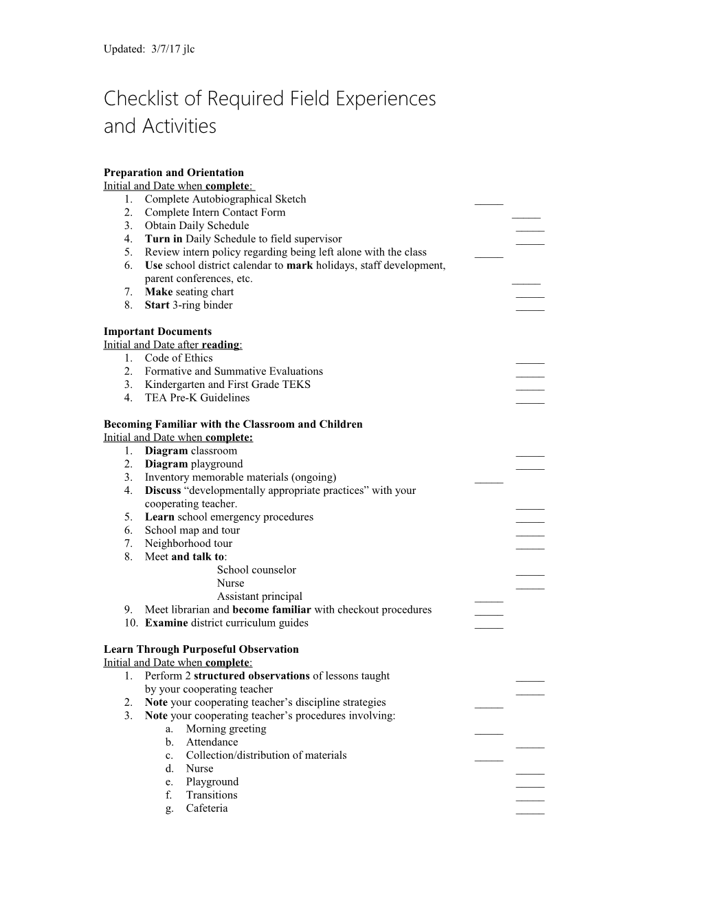 Checklist of Required Field Experiences and Activities