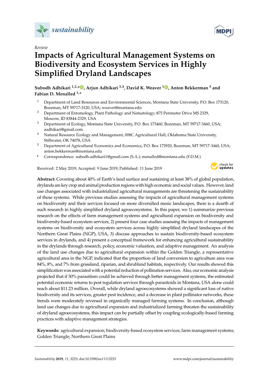 Impacts of Agricultural Management Systems on Biodiversity and Ecosystem Services in Highly Simpliﬁed Dryland Landscapes