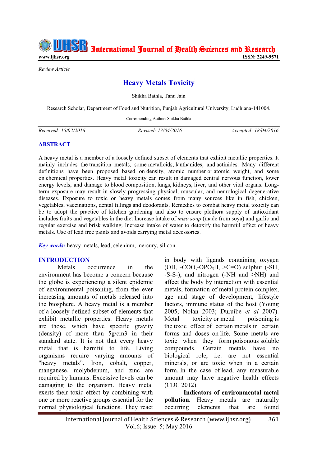 Heavy Metals Toxicity. Int J Health Sci Res