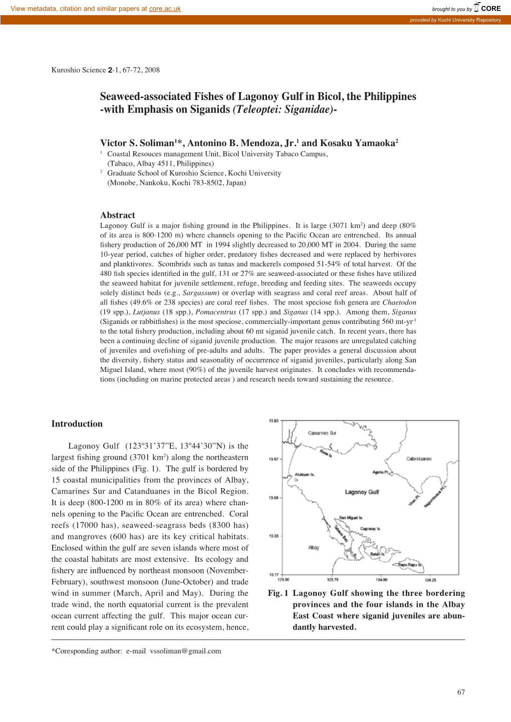 Seaweed-Associated Fishes of Lagonoy Gulf in Bicol, the Philippines -With Emphasis on Siganids (Teleoptei: Siganidae)