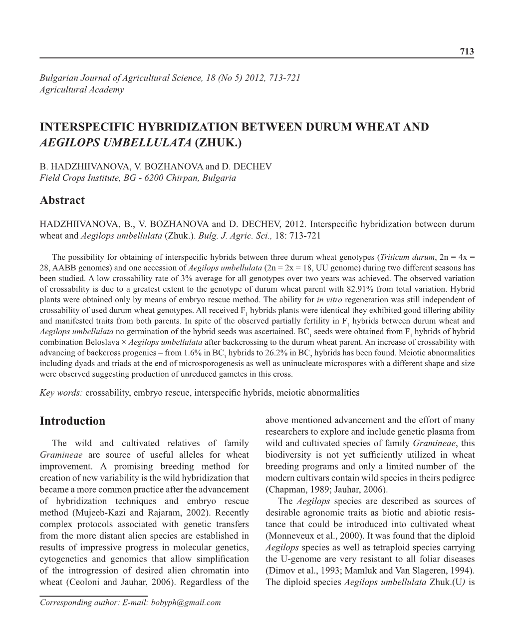 Interspecific Hybridization Between Durum Wheat and Aegilops Umbellulata (Zhuk.)