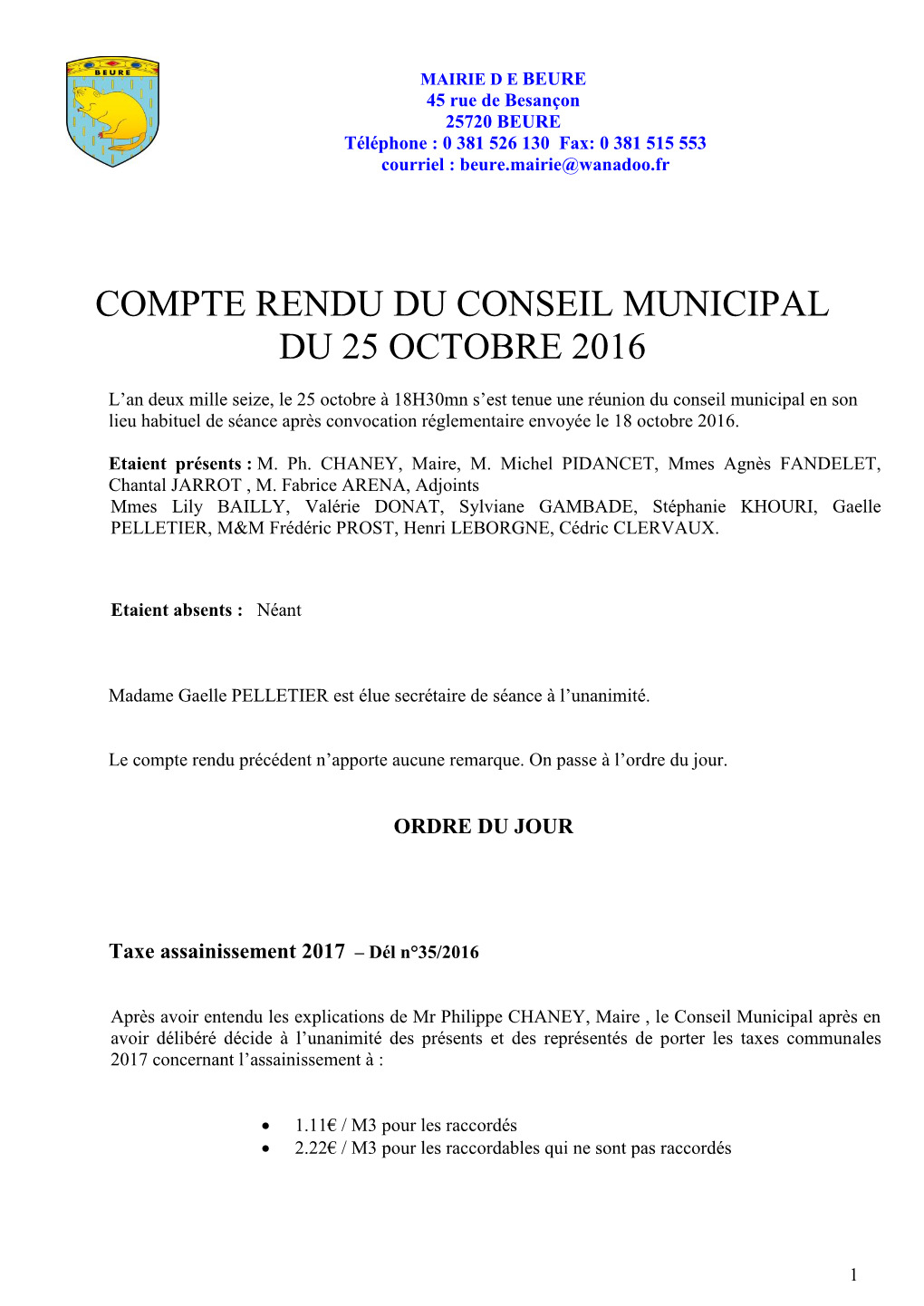 Compte Rendu Du Conseil Municipal Du 25 Octobre 2016